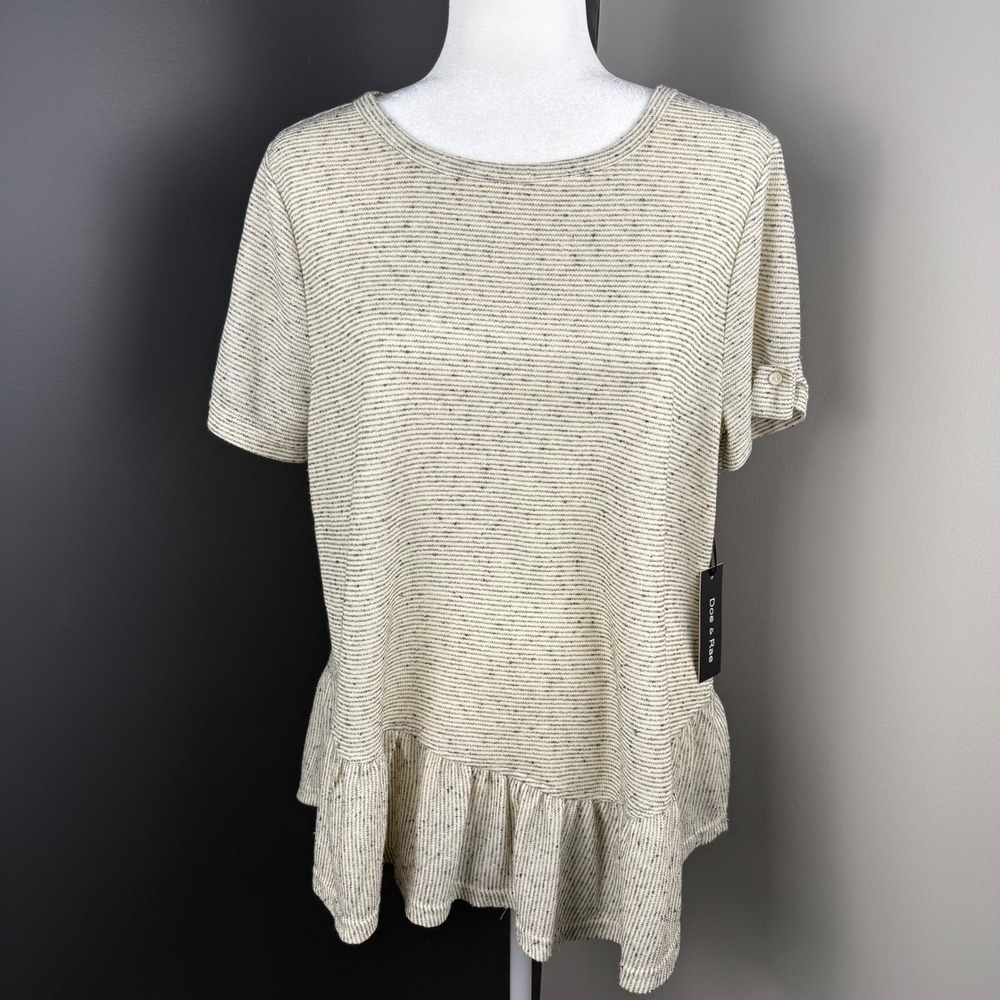 Doe Rae Striped Tunic Top Ruffle Hem Button Cuff Women's Size L